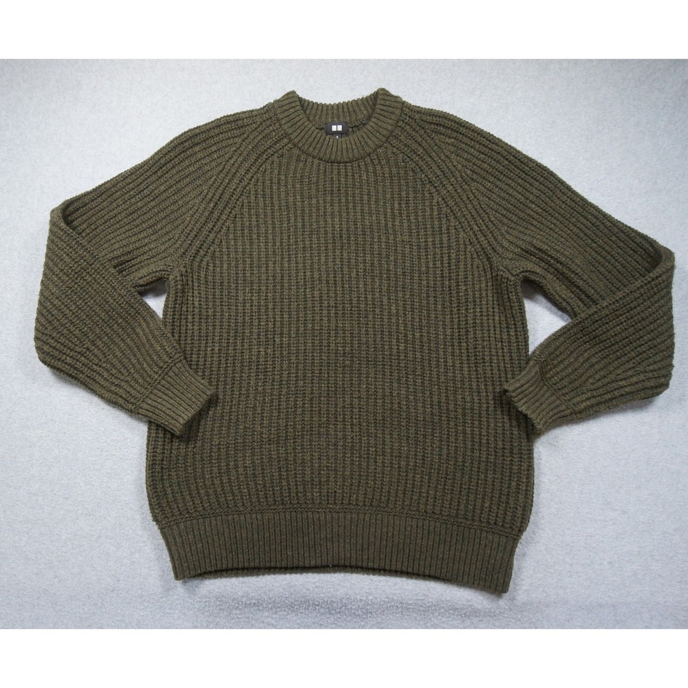 Uniqlo Sweater Mens Medium Green Ribbed Knit Raglan Pullover Wool Blend